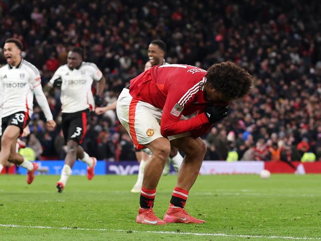 MANCHESTER, ENGLAND - MARCH 02: Joshua Zirkzee of Manchester United reacts after missing the last penalty in the penalty shoot out during the Emirates FA Cup Fifth Round match between Manchester United and Fulham at Old Trafford on March 02, 2025 in Manchester, England. (Photo by Carl Recine/Getty Images)