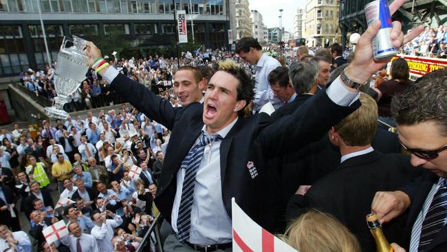 Pietersen celebrates on the open top team bus during the Ashes victory parade in London in September 2005. Picture: AP