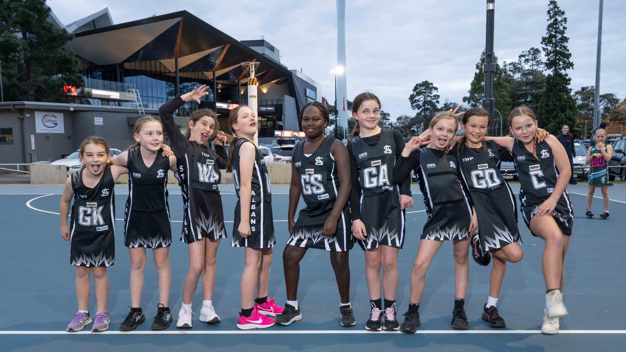 St Albans under-11 netball team pull their funniest faces.