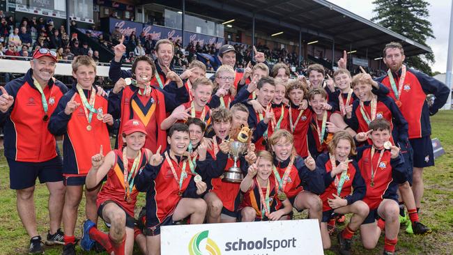 The South Australian boys team celebrating its win a t the School Sport Australia U12 Australian Football Championships at Norwood Oval. Picture: Brenton Edwards