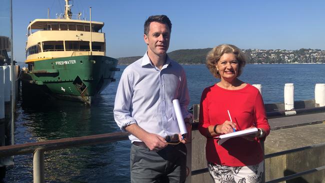 Shadow Transport Minister Chris Minns and Cr Candy Bingham, in front of one of Manly's iconic Freshwater class ferries. Picture: Julie Cross