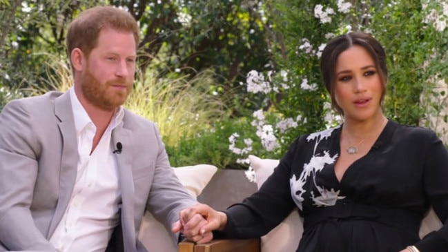 Harry and Meghan in the trailer for the upcoming Oprah interview. Picture: CBS