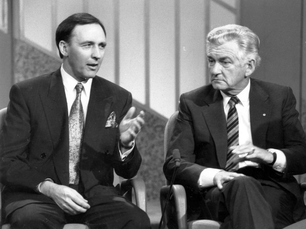 Prime Minister Bob Hawke and Treasurer Paul Keating appearing on the Ray Martin show, 1989.