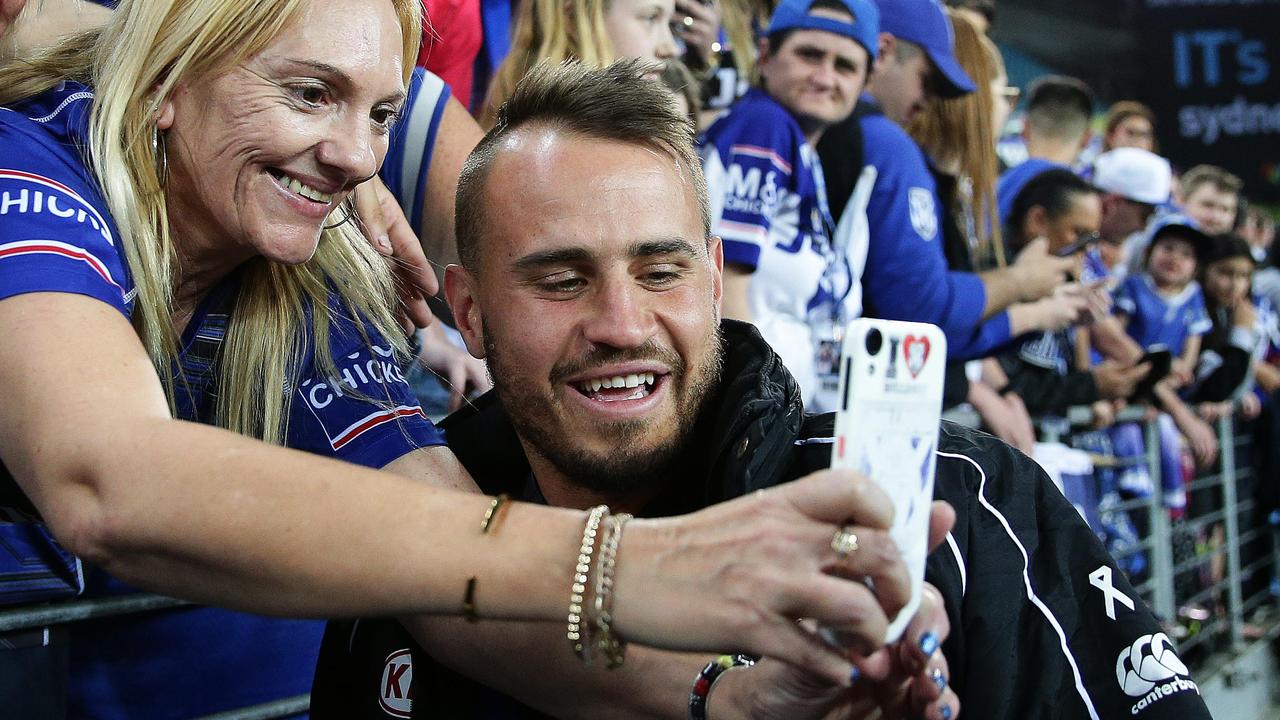 Bulldogs Josh Reynolds farewells the crowd after the St George v Bulldogs rugby league match at ANZ Stadium, Homebush. Picture: Brett Costello