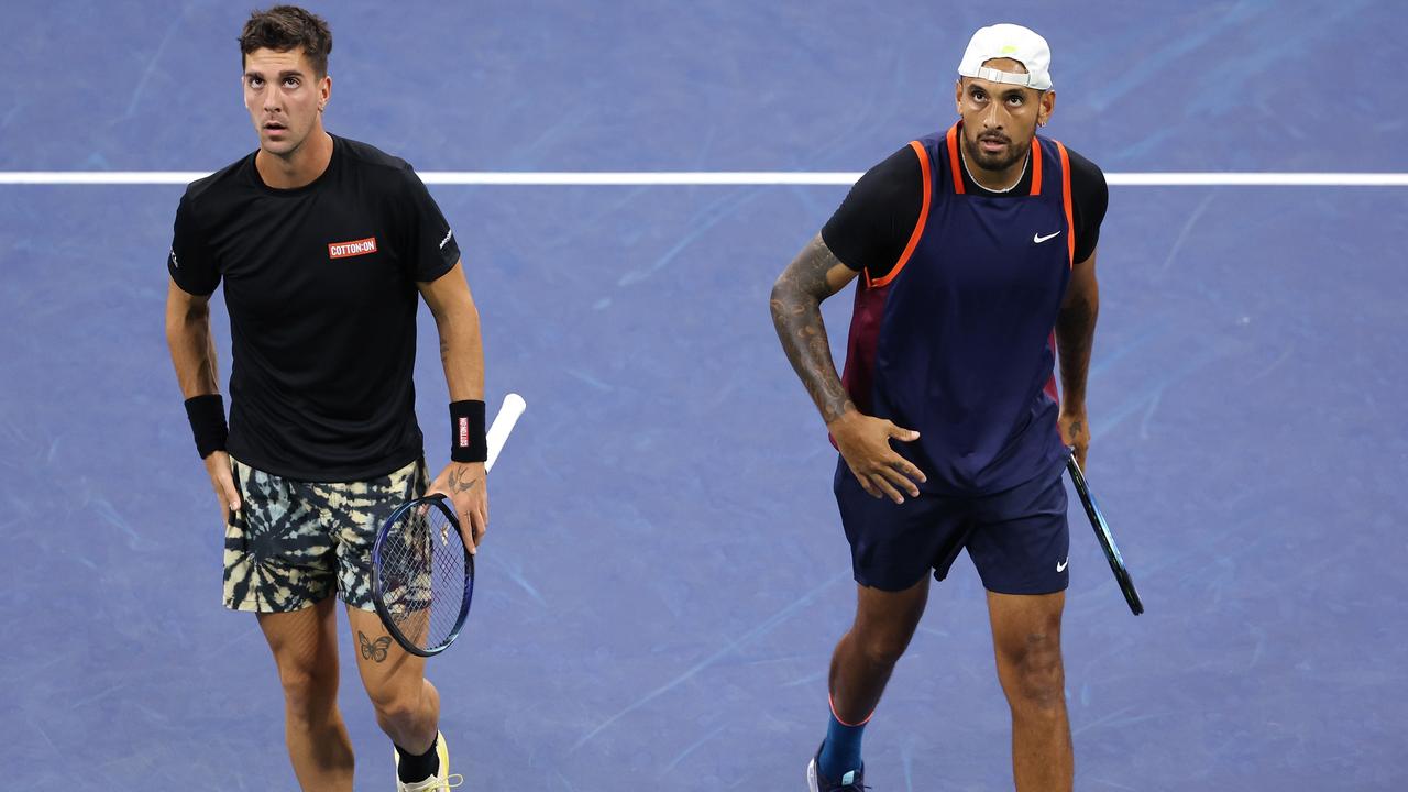 Thanasi Kokkinakis (left) says if Nick Kyrgios is fit the pair will “definitely” join forces again in the Australian Open doubles in January. Picture: Julian Finney / Getty Images