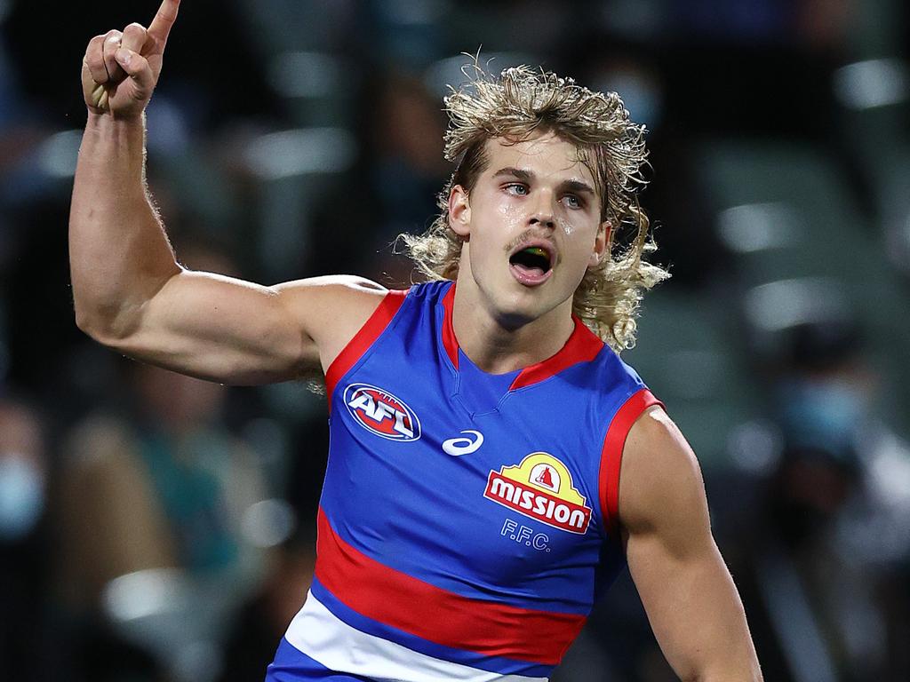 Bailey Smith celebrates a goal during the 2021 preliminary final. Picture: Michael Klein.