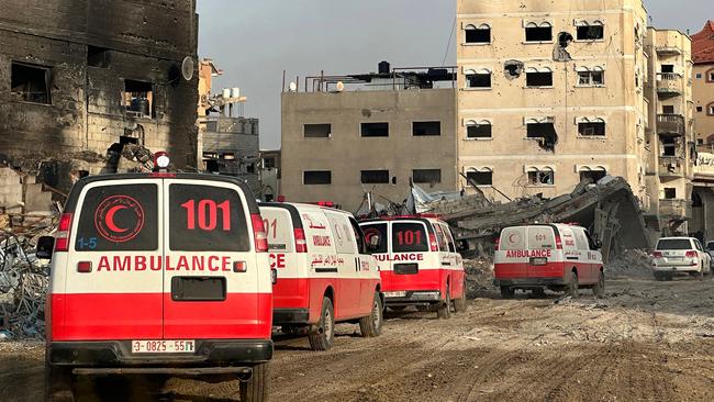 A convoy of ambulances during a WHO, UN humanitarian agency OCHA and Palestinian Red Crescent mission to evacuate patients from Nasser hospital in Khan Younis. Picture: AFP