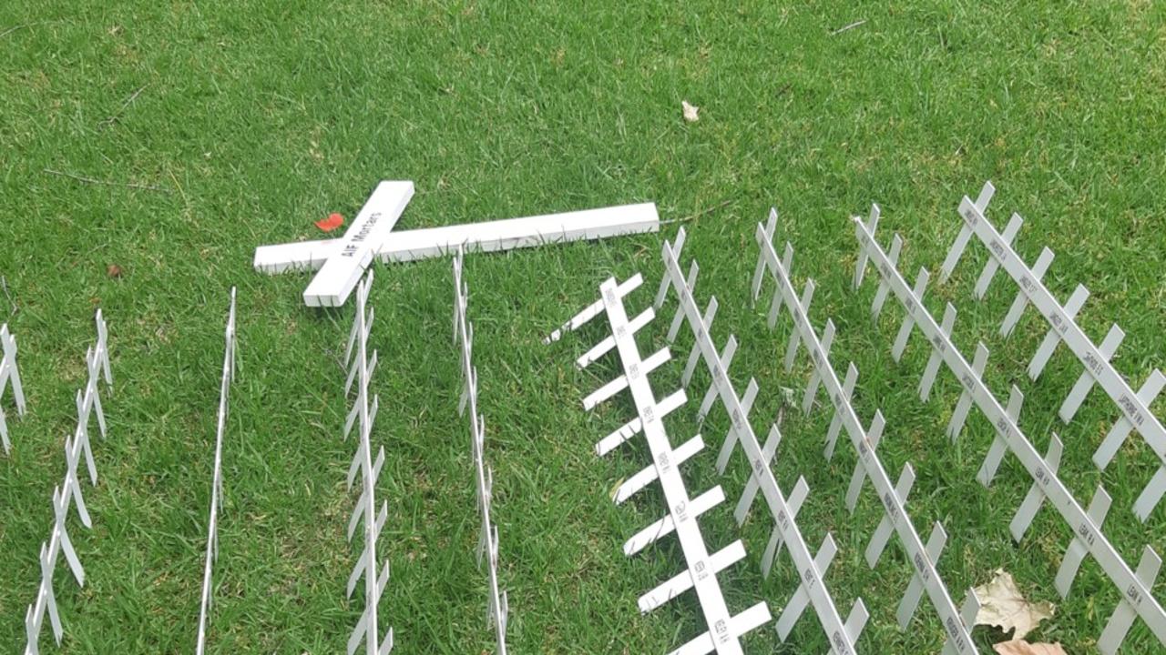 Dozens of memorial crosses at the RSL’s Field of Remembrance near the National War Memorial were vandalised, commemorations manager Keith Harrison said. Picture: Supplied