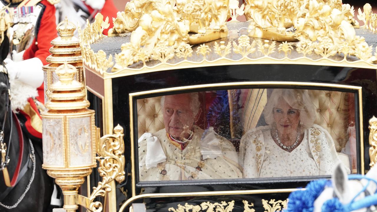 King Charles III and Queen Camilla in the Diamond Jubilee State Coach. Picture: Getty