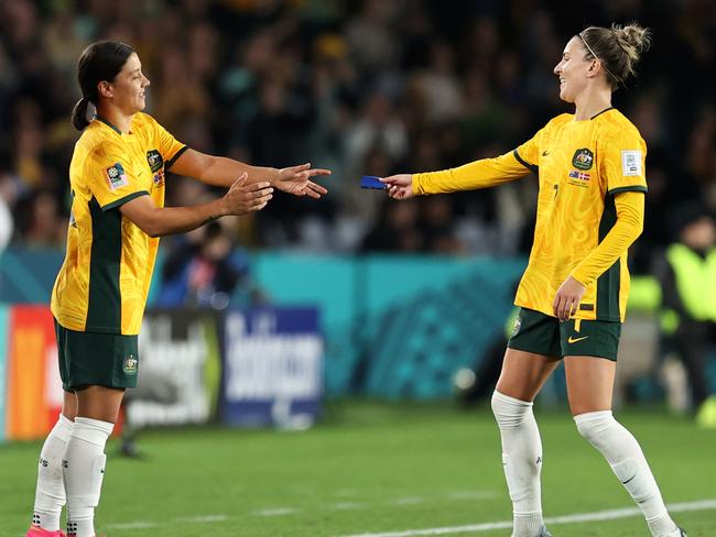 Sam Kerr is a constant support for the Matildas stand-in skipper. Picture: Brendon Thorne/Getty Images