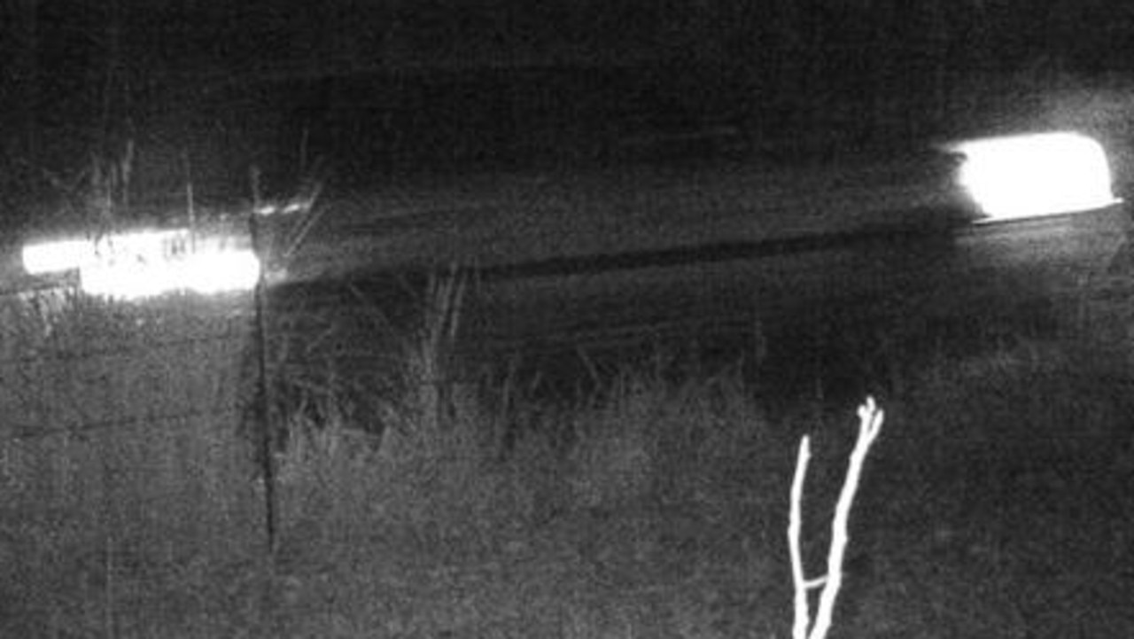 The photo shows bright pools from the headlights and tail lights of a four-wheel drive vehicle driving past a star picket fence lined with overgrown grass on the night Rene vanished.