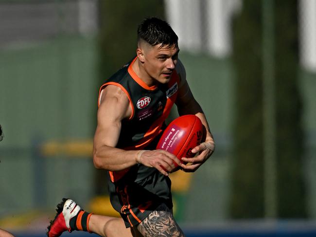 Oak ParkÃs Cameron Milich and Keilor ParkÃs Damien Cavka during the EDFL Division 2 Grand Final between Keilor Park and Oak Park in Essendon, Saturday, Sept. 3, 2022. Picture: Andy Brownbill