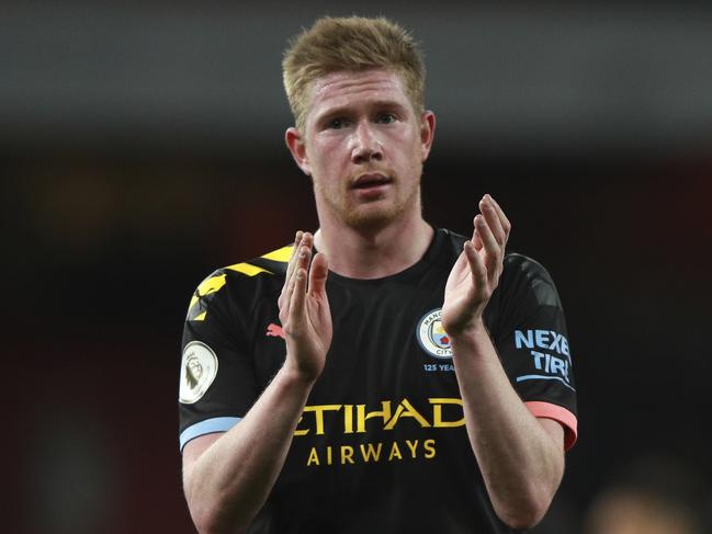 Manchester City's Kevin De Bruyne applauds fans at the end of the English Premier League soccer match between Arsenal and Manchester City, at the Emirates Stadium in London, Sunday, Dec. 15, 2019. (AP Photo/Ian Walton)