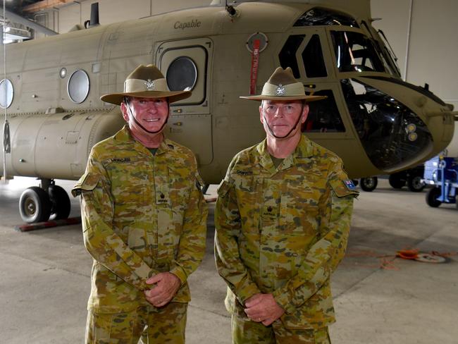 Major Keiran Morgan and Major Anthony Griffith are leaving the army 5th Aviation Regiment after a combined service of 80 years. Picture: Evan Morgan