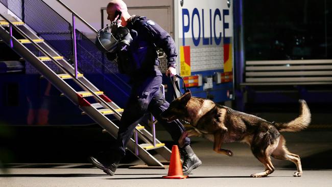 A dog squad officer responds to a call outside the remand centre. Picture Norm Oorloff