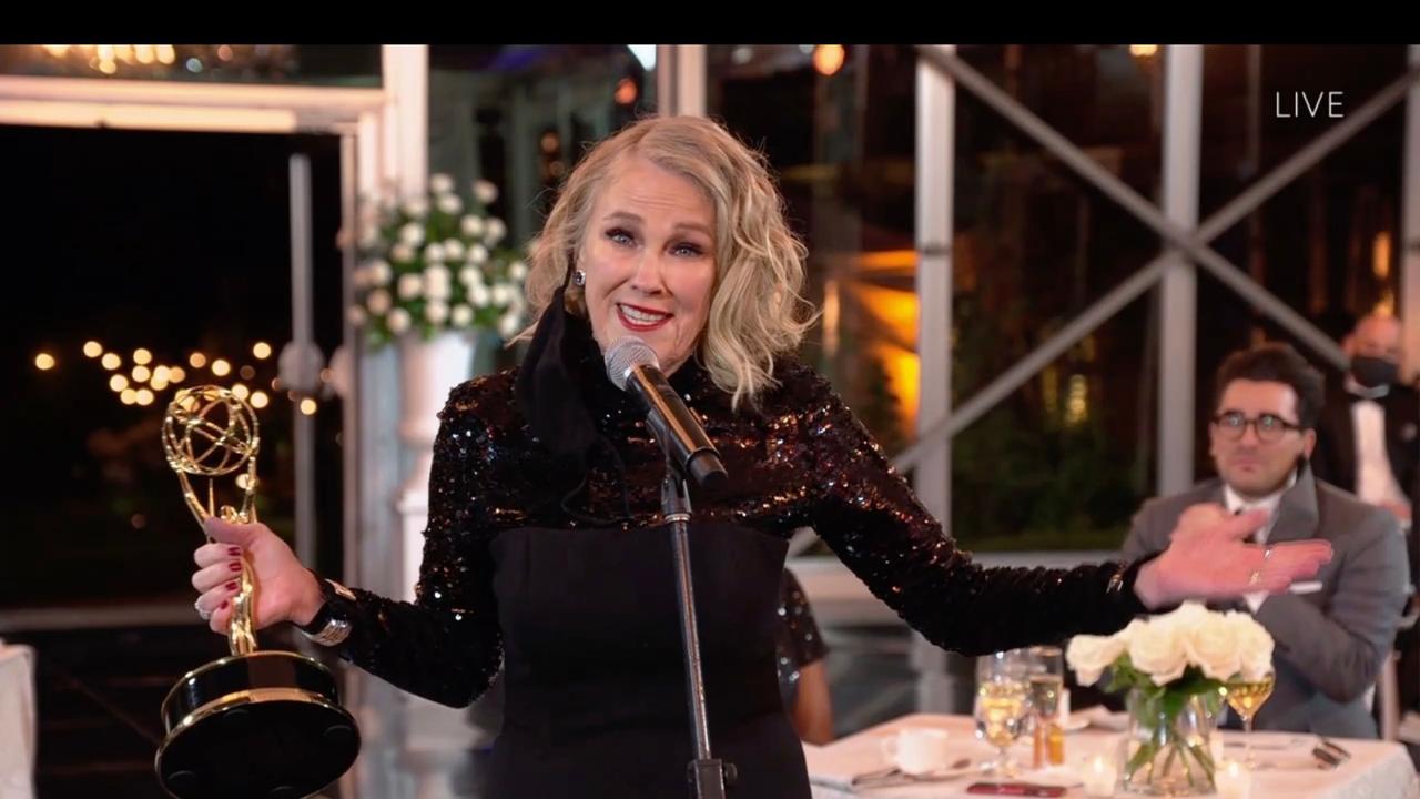 Outstanding Lead Actress in a Comedy Series winner Catherine O’Hara channelled her character Moira Rose with a high-necked sequin gown. Picture: AFP