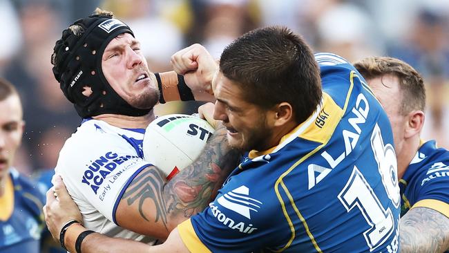 SYDNEY, AUSTRALIA - APRIL 16:  Ryan Sutton of the Bulldogs is tackled during the round seven NRL match between Parramatta Eels and Canterbury Bulldogs at CommBank Stadium on April 16, 2023 in Sydney, Australia. (Photo by Matt King/Getty Images)