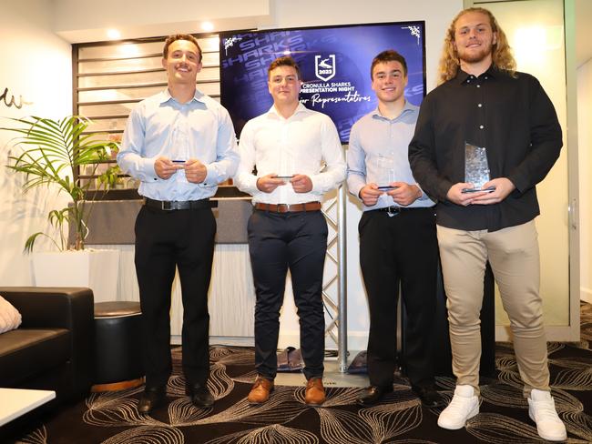 Cronulla Sharks Junior Reps award winners (from left) Lachlan Crossle, Alex Challenor, Tom Dellow and Sam McCulloch Picture: Steve Montgomery/Ourfootyteam