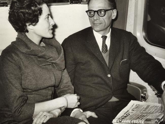 Playwright Arthur Miller and his wife Inge (Ingebord) Morath on a train in Paris in 1962.