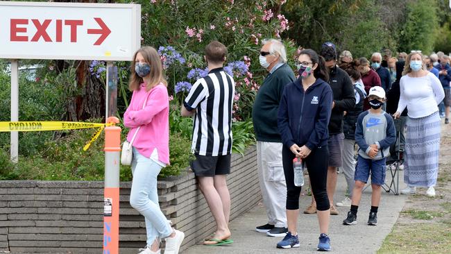 People queue for COVID tests outside Sandringham Hospital. Picture: Andrew Henshaw