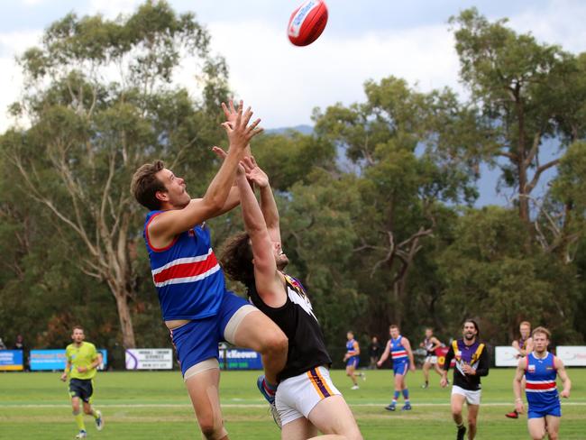 Jake Tucker flies for a mark for South Croydon in the Eastern Football League (EFL). Picture: Steve Bibby