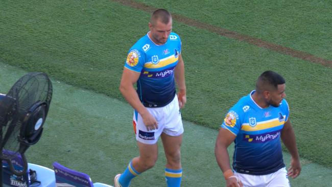 Kieran Foran of the Titans heads to the bench. Fox League.