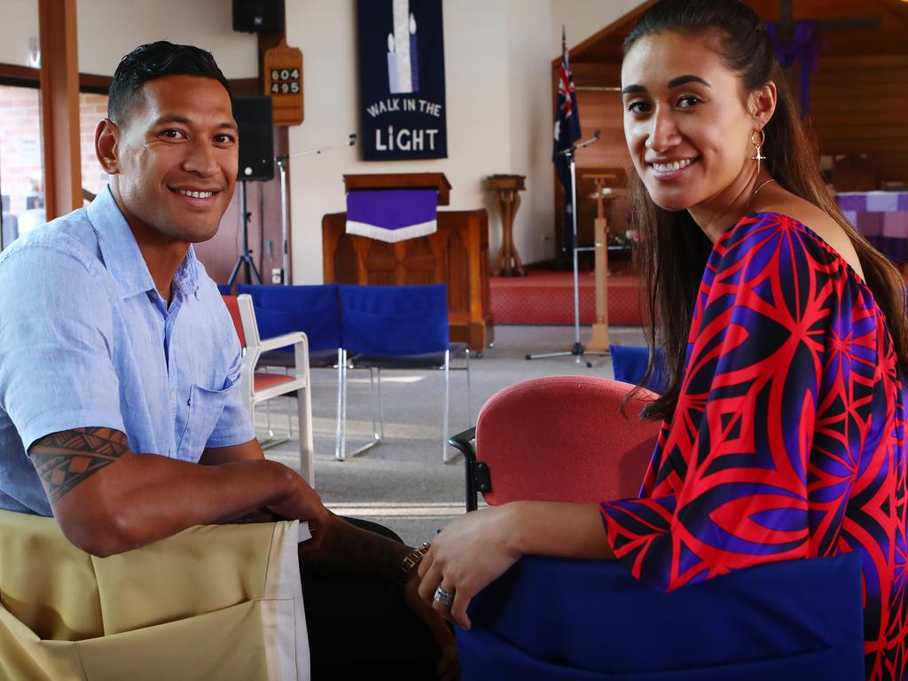 Israel Folau with his wife Maria Folau at Kenthurst Uniting Church after a Sunday service.