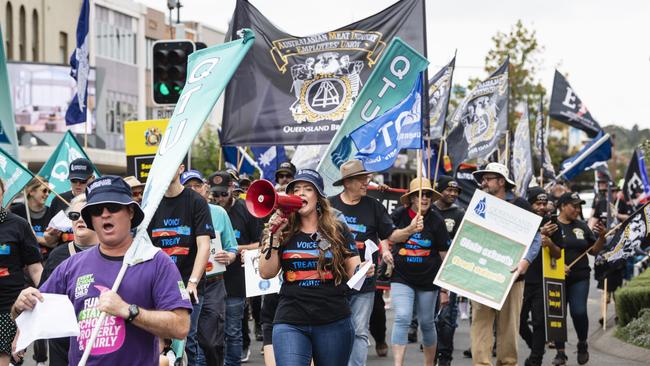 Genevieve Pearson (centre) leads QTU members at the Toowoomba Labour Day march, Saturday, April 29, 2023. Picture: Kevin Farmer