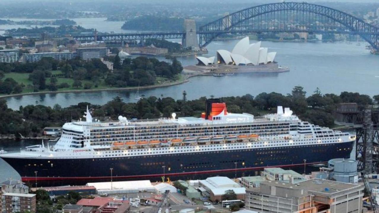 Queen Mary 2 docked at Garden Island naval base in Sydney. Picture: James Morgan