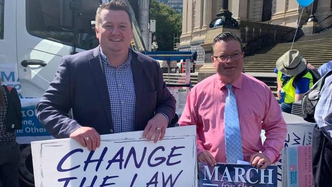 NSW MP Nathaniel Smith with Victorian Liberal MP Bernie Finn at the March for the Babies rally. Picture: Facebook