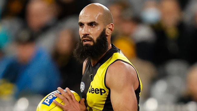 MELBOURNE, AUSTRALIA - JUNE 25: Bachar Houli of the Tigers in action during the 2021 AFL Round 15 match between the Richmond Tigers and the St Kilda Saints at the Melbourne Cricket Ground on June 25, 2021 in Melbourne, Australia. (Photo by Michael Willson/AFL Photos via Getty Images)