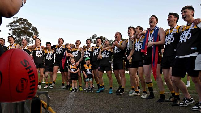 Werribee Districts players celebrate. Picture: Andy Brownbill