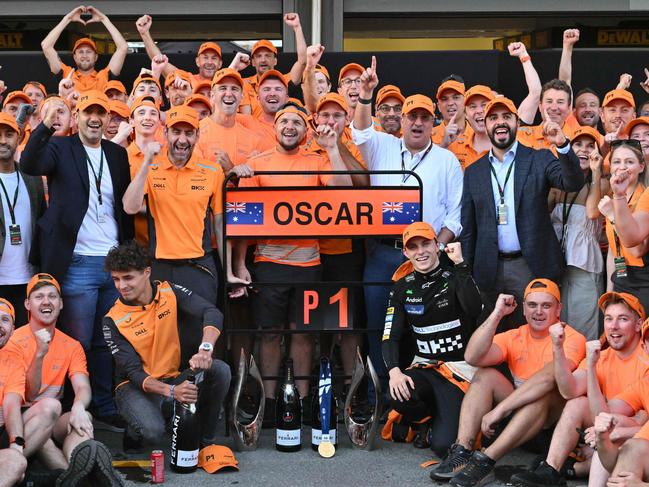 Oscar Piastri celebrates with his McLaren team after winning the Azerbaijan Grand Prix. Picture: AFP