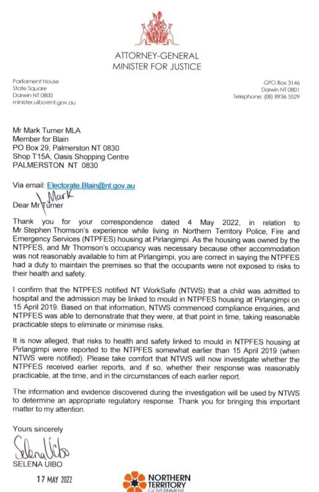 A letter written by then-Attorney-General Selena Uibo saying WorkSafe would investigate reports that police were alerted to the mould situation before April 2019. Picture: Supplied