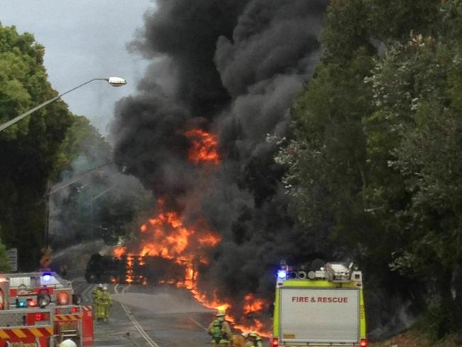 Two people died when a tanker crashed and burst into flames at the foot of Mona Vale Rd in October 2013. Picture: Scott Williams