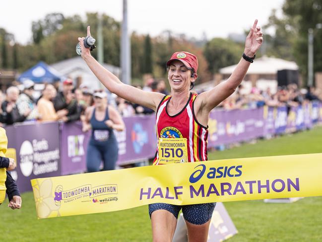 Melanie Magarey is the first female to finish the half marathon of the Toowoomba Marathon event, Sunday, May 5, 2024. Picture: Kevin Farmer