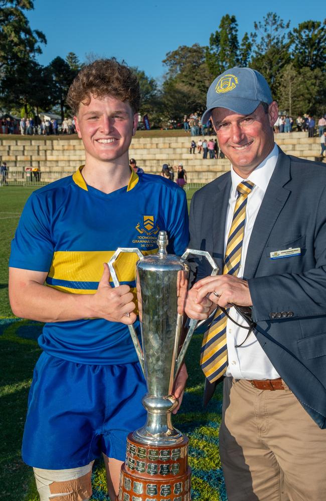 TGS captain Joe Gray and Headmaster John Kinniburgh celebrate the win for TGS. 2024 O'Callaghan Cup at Downlands College. Photo by Nev Madsen