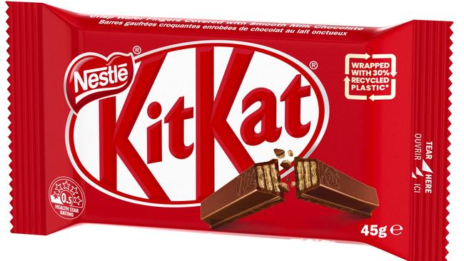 Nestlé Kit Kat 45g bars will be packaged in 30 per cent recycled plastic. Picture: Supplied