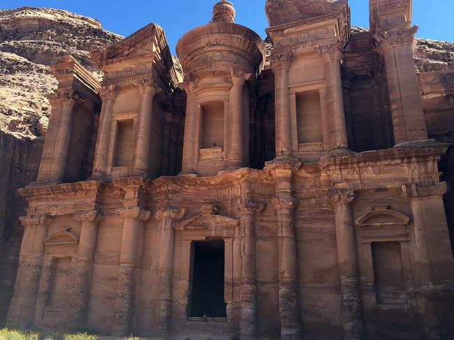 The Monastery from the ground at Petra in Jordan, Sept. 26, 2016. The building may be harder to get to but is much more majestic than the historical site's most well known structure, The Treasury. Petra, with its unique buildings carved out of red, white and orange stone, was declared one of the new seven wonders of the world in 2007. (AAP Image/Rebekah Ison) NO ARCHIVING