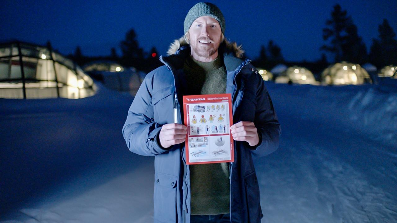 Frequent flyer Lachlan in Lapland in the new Qantas safety video.