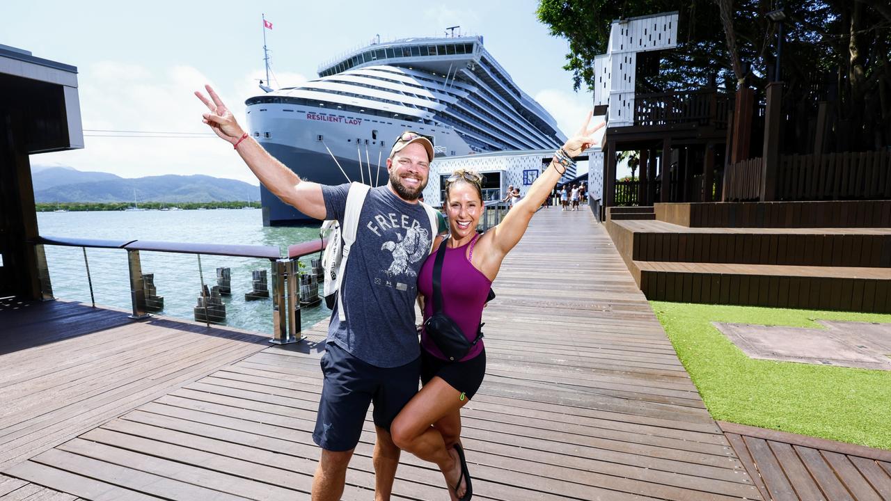 Cody Pavlak and Jill Pavlak, from Arizona, USA, boarded the adults-only Resilient Lady cruise in Greece and spent 40 days sailing the world before arriving in Cairns. Picture: Brendan Radke