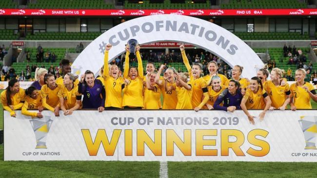 The Matildas celebrate their Cup of Nations win