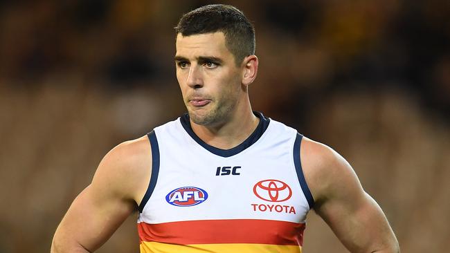 Taylor Walker of the Crows reacts during the Round 13 AFL match between the Hawthorn Hawks and the Adelaide Crows at the MCG in Melbourne, Saturday, June 16, 2018. (AAP Image/Julian Smith) NO ARCHIVING, EDITORIAL USE ONLY