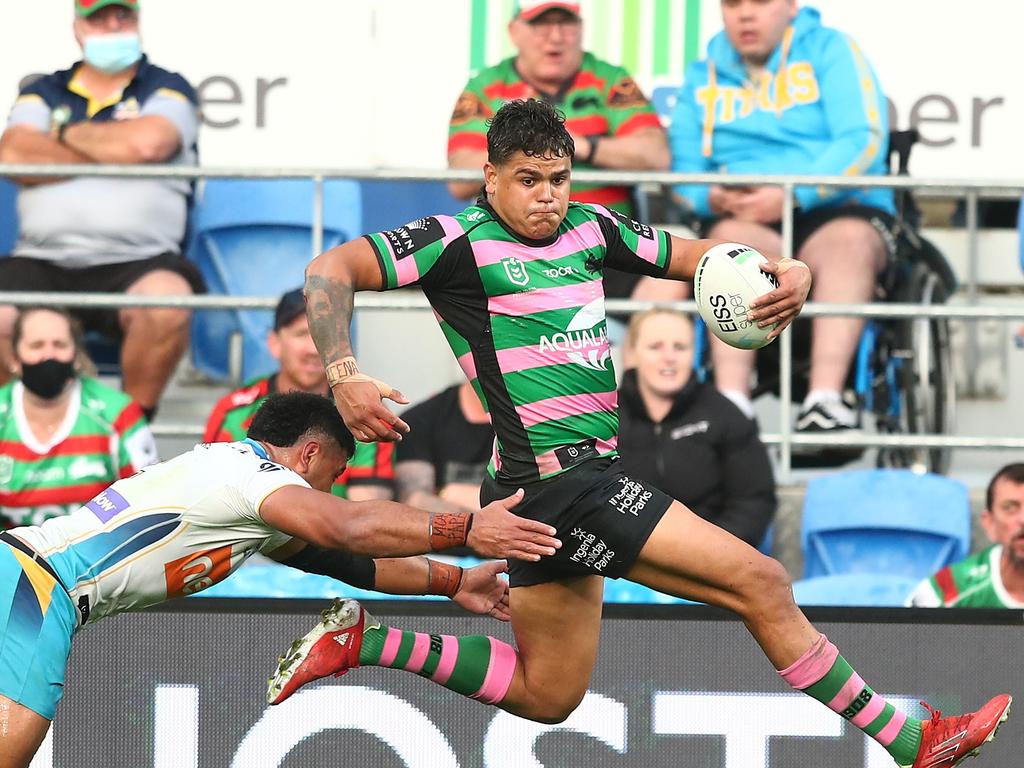 Latrell Mitchell and the entire Rabbitohs attack was on fire against the Titans. (Photo by Chris Hyde/Getty Images)