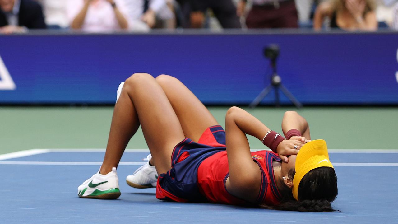 Emma Raducanu collapsed after match point. (Photo by Elsa/Getty Images.