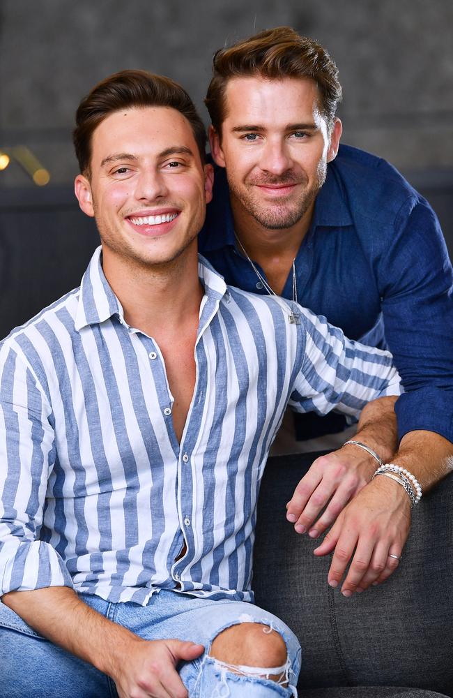 Hugh Sheridan with his partner Kurt Roberts at M Suites the morning after he popped the question. Picture MARK BRAKE