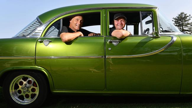 Phillip Cacciola and Lennie Buhse in a 1960 FB Holden at Glenelg. Picture: AAP / Keryn Stevens