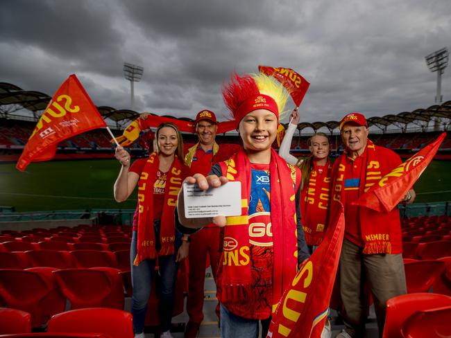 The Gold Coast SUNS has set an all-time record of more than 16,000 members despite COVID-19. The Churchill family, Kristal, Jett, 10, Jason, Analise, 18, and Donald.  Jett Churchill had a membership card five months before he was born. He is a super fan and has gone to every home game since he was born.  Picture:  Jerad Williams