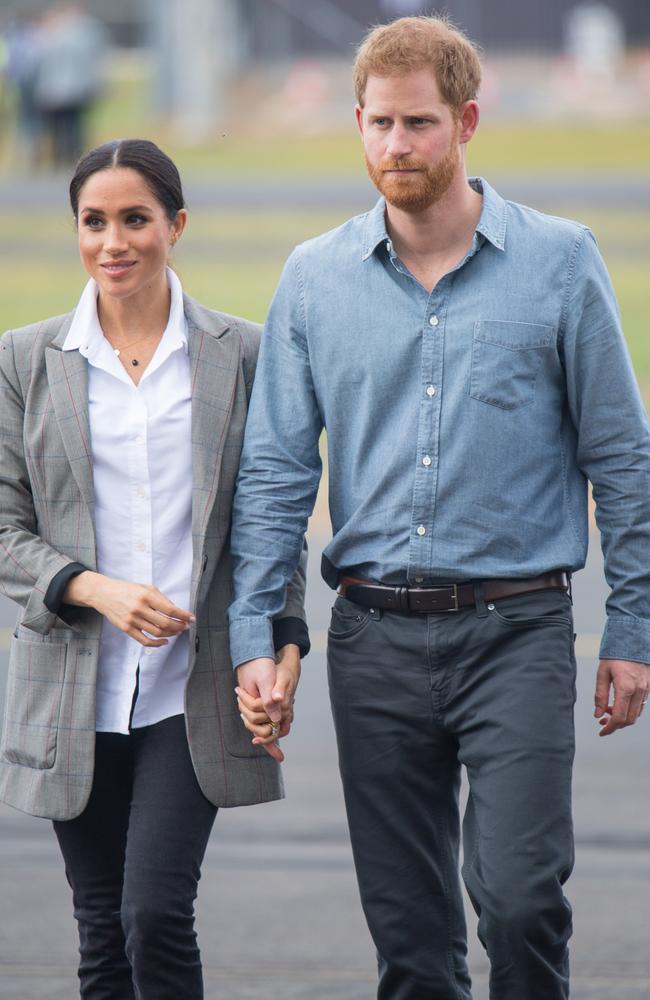 Meghan, Duchess of Sussex and Prince Harry, Duke of Sussex attend a naming and unveiling ceremony for the new Royal Flying Doctor Service aircraft at Dubbo Airport on October 17, 2018 in Dubbo, Australia. Picture: Getty