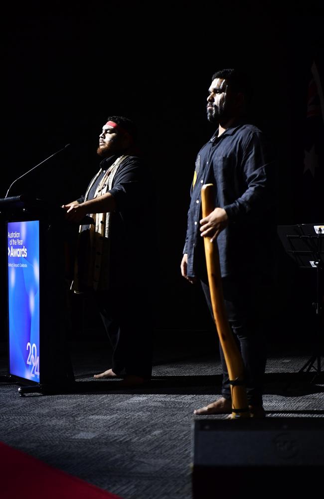 Larrakia performers hold a Welcome to Country at the 2024 NT Australian of the Year Awards at the Darwin Convention Centre on Monday, November 6.